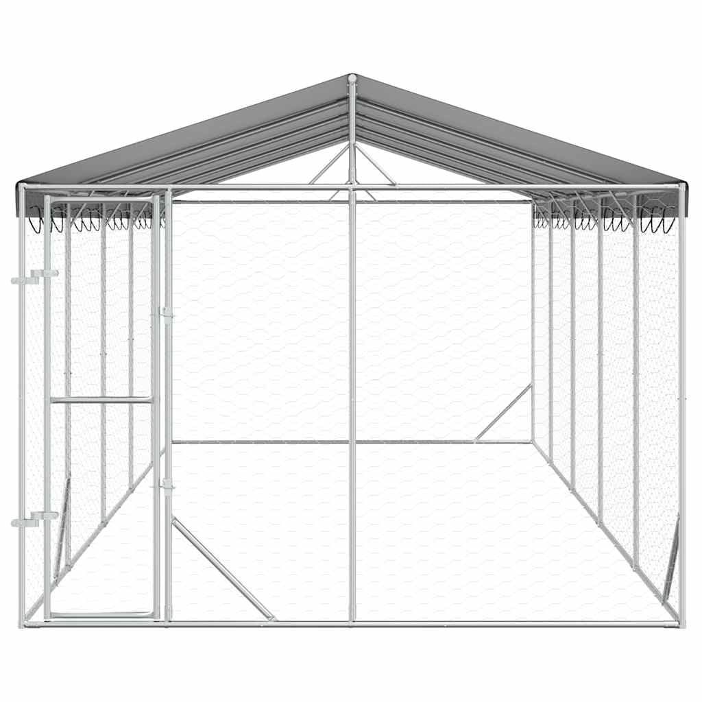 Perrera para perros al aire libre con techo plateado de acero galvanizado 3 x 7,5 x 2,5 m con puerta con cerradura para perros, cachorros y animales pequeños, protección de seguridad en el