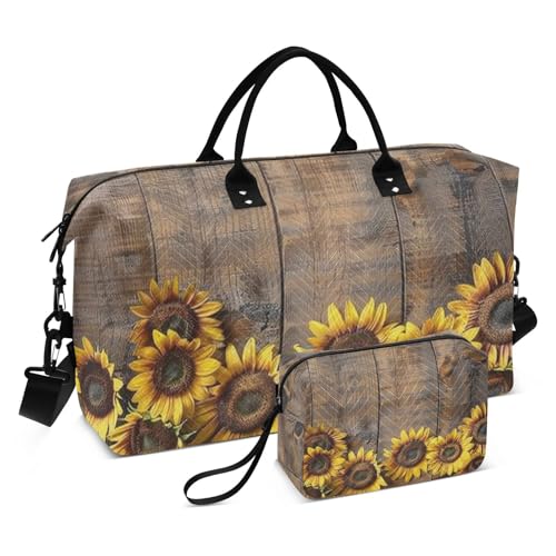 Flower Travel Duffle Bag Gym Bag, Wooden Sunflowers Decoration Weekender Bags for Women with Toiletry Bag Travel Tote Bag Swim Bag