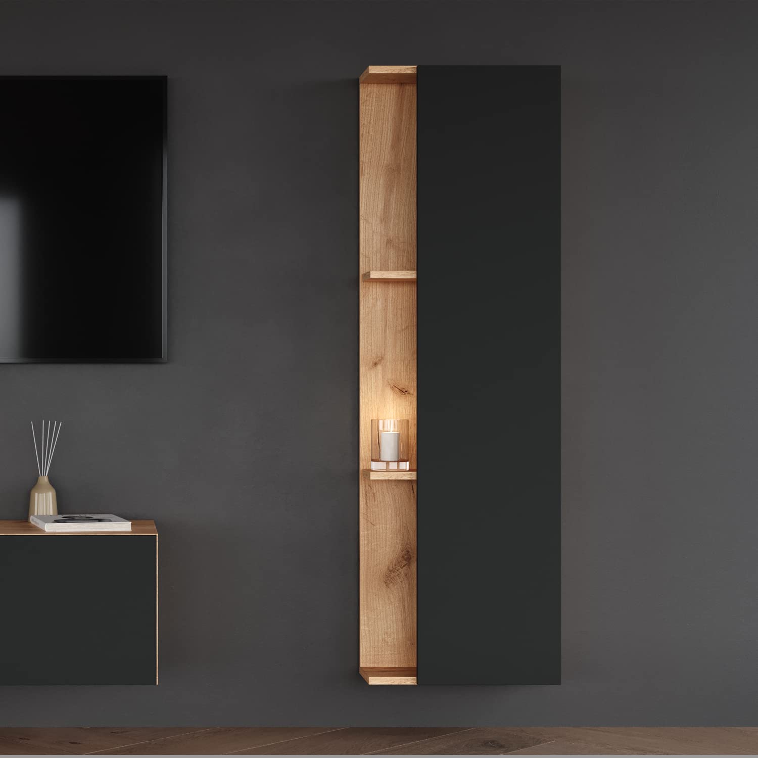 Planetmöbel Armario Lateral 40 cm Oroble/Antracita, Sala de Estar, Pasillo, Gaderobe, Baño