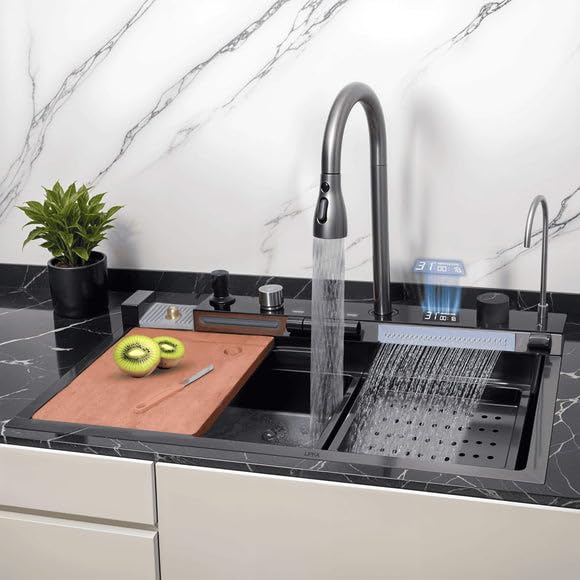 LIPKA Piano Smart Waterfall Kitchen Sink | 30x18x9 inches | Digital Display, Pull-Out Faucet & RO Tap | 304-Grade Stainless Steel Single Bowl Sink | Automatic Cup Washer | Multi-Functional Sink