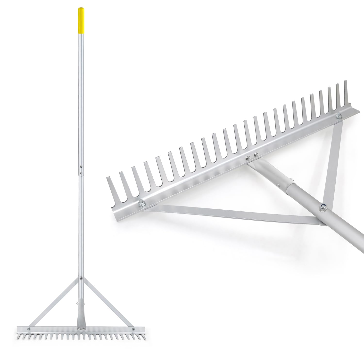 Râteau Paysager Aluminium 24 Dents - Largeur 61 Cm, Manche 173 Cm, Pour Gravier, Sable, Pelouse