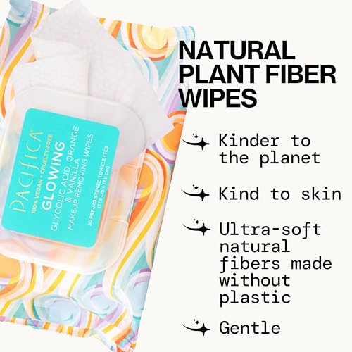 pacifica makeup remover face wipes - daily facial cleansing amp exfoliating towelettes - biodegradable - organic - w gycolic acid - clean beauty vegan amp cruelty-free dermatologist tested 30 count