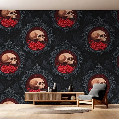 Papier Peint Crâne Gothique Intissé Squelette Rose Baroque Fresque Murale