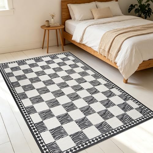 Lacomfy Modern Check Rug 3.3x5Ft Zebra Stripe Checkered Carpet for Bedroom Living Room Kids Room, Nonslip Washbale White and Black Mat, Geometric Abstract Stripe Checkerboard Pattern, Indoor Decor — view 4