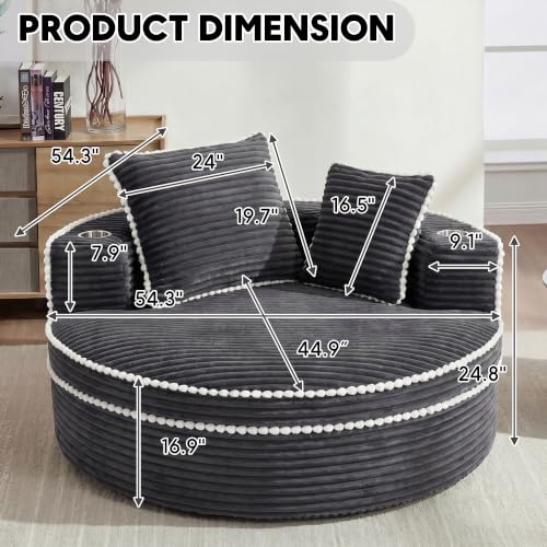 Image of Oversized Round Chair Lounge Chaise Indoor, 54.3 inch Upholstered Corduroy Deep Seat Single Cloud Sofa Chair with Cup Holder, Modern Large Circle Boneless Sleeper Sofa for Living Room, Dark Grey
