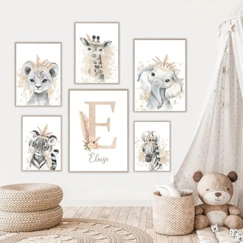 Affiche Animaux Chambre Bebe Fille Deco Tableau Savane Chambre Enfant Lion 40x50 Poster Chambre Fille Rose Prenom Personnalisé Affiche Aquarelle Animaux...
