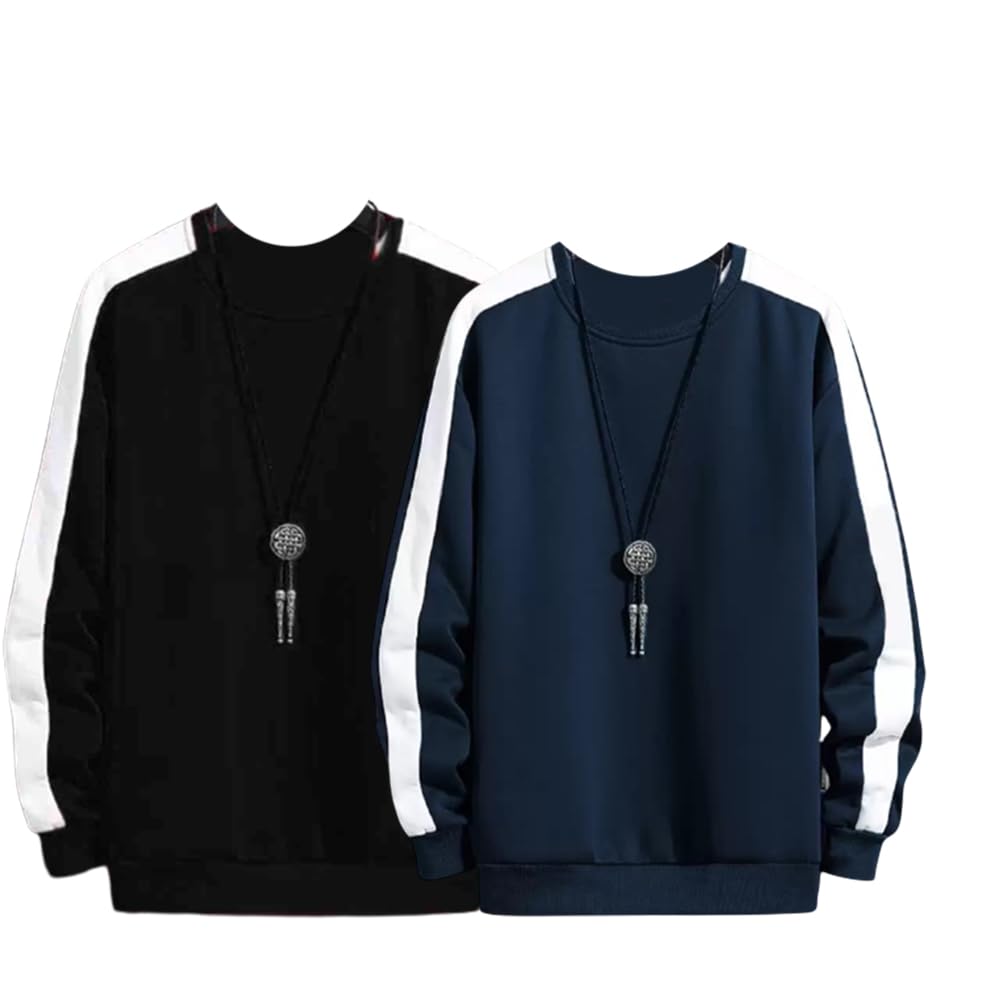 parona Regular Fit Fleece Color Block Pattern Full Sleeve Round Neck Sweatshirt for Men (Size XL, Black, Navy, Combo of 2)-picture-54