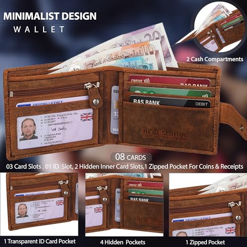 Mens RFID Contactless Card Blocking Id Protection Wallet Real Disressed Hunter Leather Classic Bifold Wallet with Gift Box 1100 (Brown)2