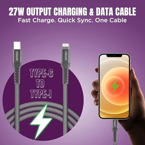 Image of Intex Speed Max 27W Braided Type C to Lightning Fast Charging Cable with 480 Mbps, Data Transfer, Tangle-Free For iPhone 14,13, 12,11, 8, 7, 6, 5, Macbook, Imac, Airpods and Other Devices - Black