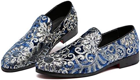 Santimon Mens Loafers Velvet Sequins Embroidered Smoking Slippers Dress Shoes Wedding Moccasins Slip-on Flats Blue 11 D(M) US | Image 4