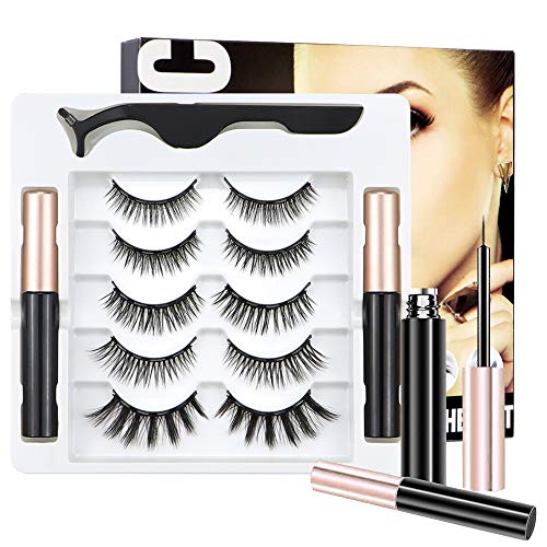 Magnetic False Eyelashes,5 Pairs of Updated 3D 5D 6D 8D Magnetic Lashes and 2 Tubes of Magnetic Eyeliner (with Tweezers),Natural Look and Reusable False Eyelashes,No Glue Needed