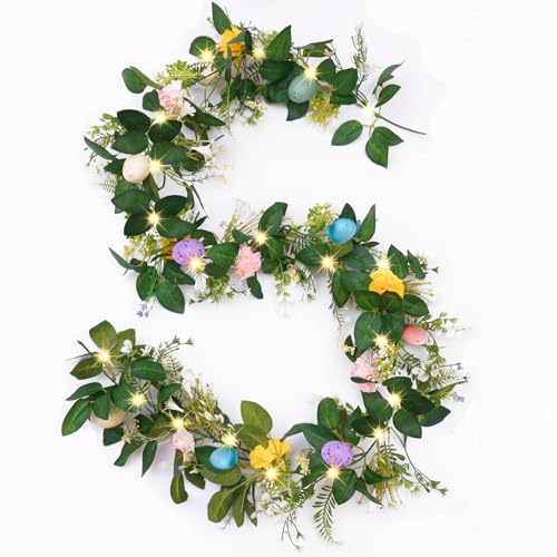 Nicedepot 6FT Easter Garland for Mantle Easter Egg Garland with Lights Artificial Spring Decorations for Indoor Outdoor Fireplace Party Spring Home Decor