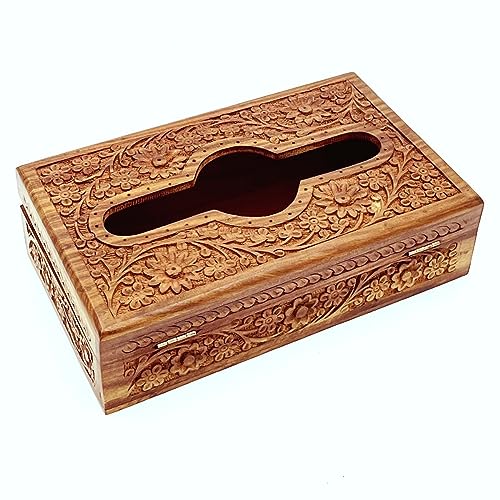 Image of Handmade Wooden Tissue Box Napkin Holder 10 x 6 Inch | Tissue holder for Dinning Table | Tissue box holder | Tissue paper holder for Facial Napkins | Tissue Box for Car (Carving)