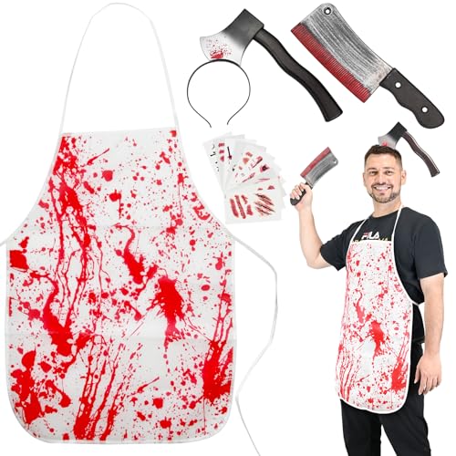 KOOOGEAR Disfraz de carnicero de Halloween, delantal sangriento, juego de accesorios para el pelo,disfraz de carnicero para hombre y mujer,para Halloween,carnaval,vampiro,zombi (Axe Band)