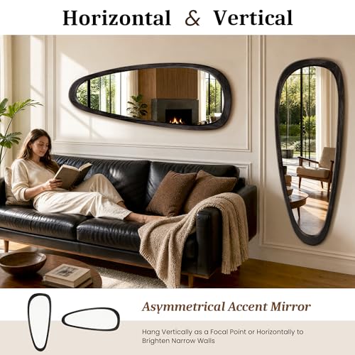 Image of Irregular Wall Mirror, 60 inchx22 inch Full Length Mirror with Wood Frame, Large Asymmetrical Wall Mirrors for Living Room Entryway, Bathroom, Mid Century Modern Decor (Black)