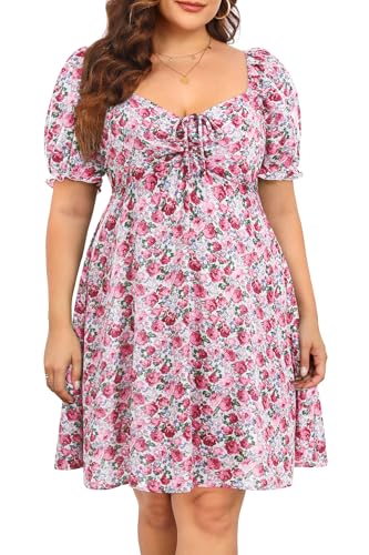 Image of Pinup Fashion Women Plus Size Casual Puff Sleeve Summer Sundress Smocked Short A Line Babydoll Cute Mini Dresses