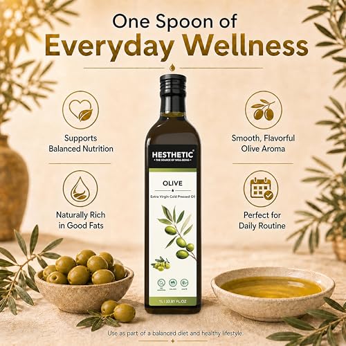 Image of HESTHETIC Premium Extra Virgin Olive Oil 1L | Cold-Pressed Mediterranean-Sourced EVOO | Unrefined, Low-Acidity | Glass Bottle | Cooking, Salad & Finishing Oil
