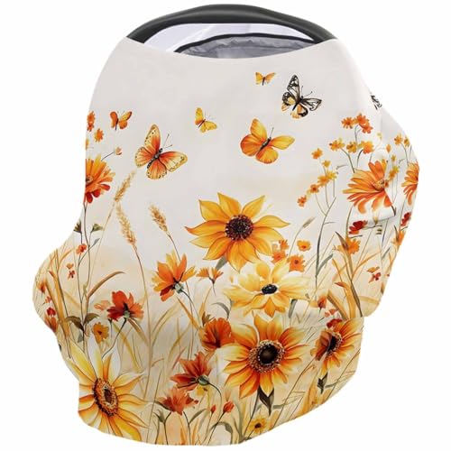 Butterfly Country Farmhouse Style Nursing Cover for Breastfeeding Scarf, Watercolor Orange Wildflowers Baby Car Covers Super Soft Multi Use for Canopy Shopping Cart Cover Blanket Stroller Cover