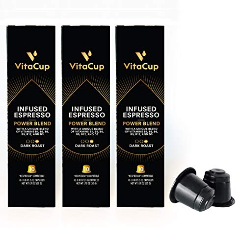 VitaCup Power Espresso Capsules 30ct w/ Infused B-Vitamins For Energy & Wellness in Recyclable Single Serve Pod Compatible with Nespresso Original Machines
