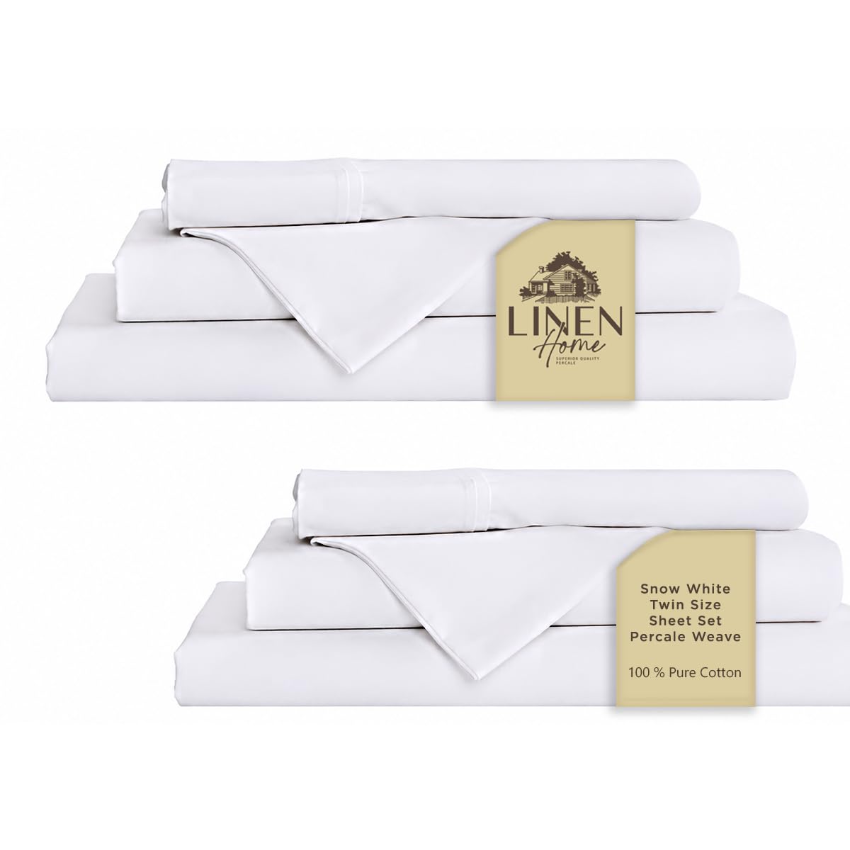Linen Home 100% Cotton Percale Sheets Twin Size Pack of 2, Snow White, Deep Pocket, 6 Pieces Set- 2 Flat, 2 Fitted and 2 Pillowcases, Crisp Cool and Long Staple Strong Bed Linen