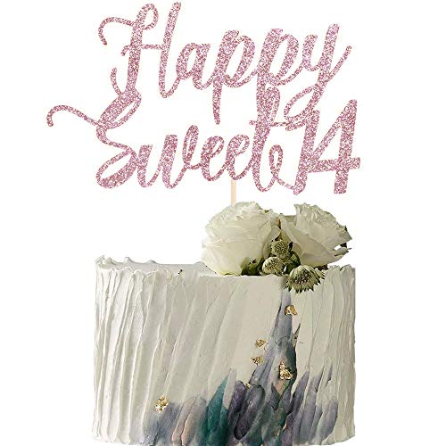 YUINYO Happy Sweet 14 Cake Topper -Cheers to 14 Year - Happy 14th Birthday Cake Topper- Sweet Fourteen /14th Wedding Anniversary Party Decoration (Rose Gold)