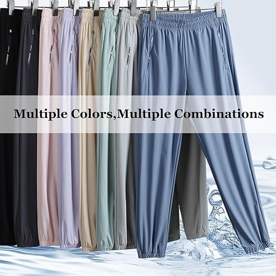 Ice Silk Pants Unisex Quick Drying Elastic Waist Stretch Active Trousers Comfy Fit Casual Breathable Pocket Pant4