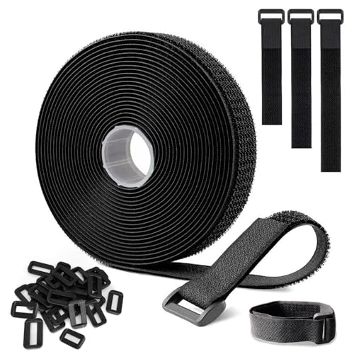 Klettband 5m x 2cm Klettband mit 25 Schnalle Klettverschluss Verstellbar Kabelbinder, Zuschneidbar und Wiederverwendbar für Kabel Seile Schläuche Extra Stark Klettkabelbinder (Schwarz, 5m x 2cm)