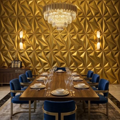 Image of Kayra Decor Luxury 3D PVC Wall Panels - Alps Pattern, Gold Finish | 19.7 inch x 19.7 inch | Pack of 12 | Covers 32.28 Sq. Ft. | Stylish Wall Cladding for Home & Office Interiors