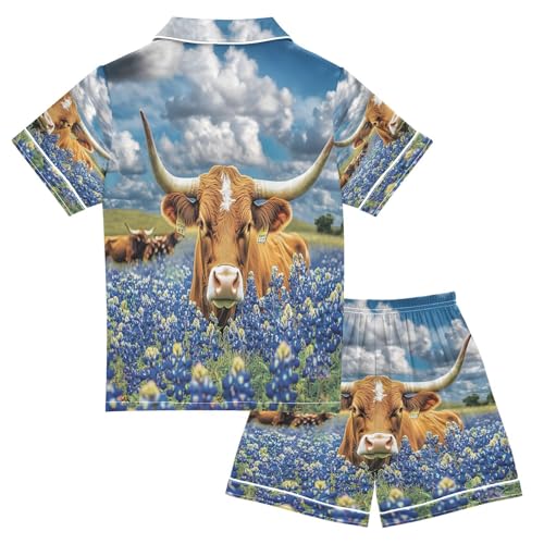 ALAZA Highland Cow Blue Flower Satin Pajamas Set Short Sleeve Button Down Sleepwear Summer Pjs 2 Piece2