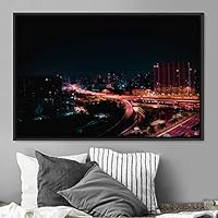 Framed Canvas Wall Art City Illuminations Aerial Cityscape Contemporary Multicolor Photography Places Realism - 16x24 inches