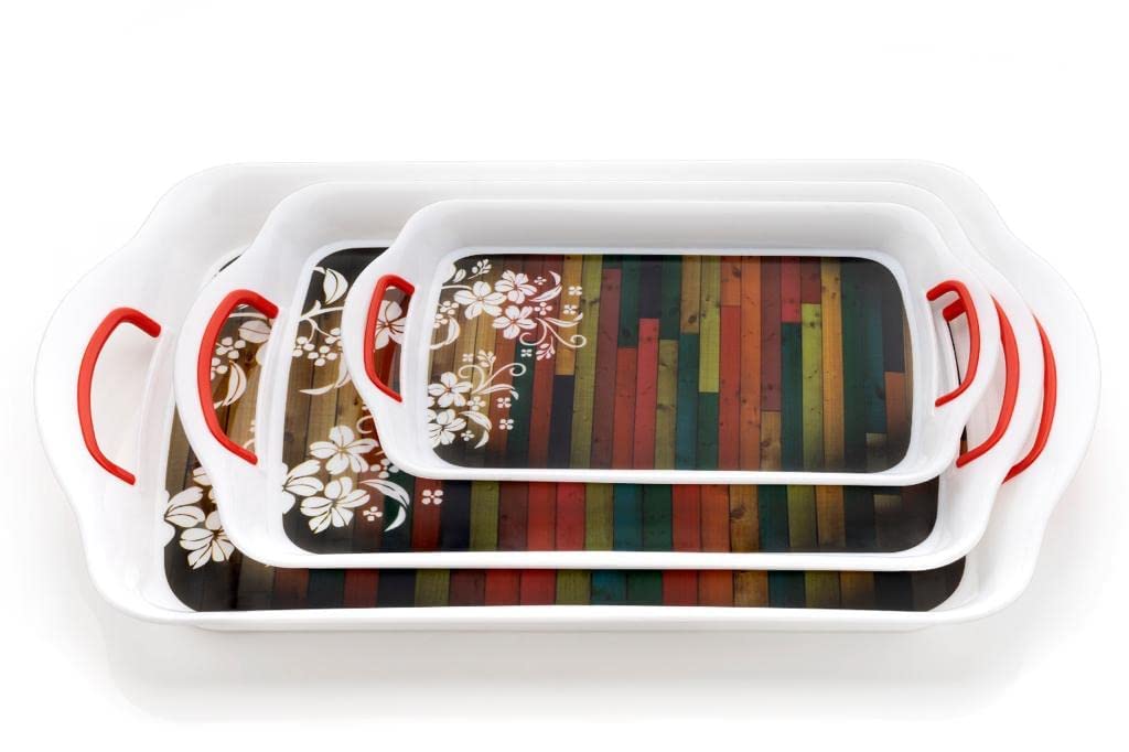 SORATH Premium Era Rectangular Serving Tray Set Of 3 Multi Colour Bricks Flower Print Design Plastic Material Glossy Finish Bpa Free Trays For Kitchen And Office And Home Decor (Black, Set Of 3) — Amazon image 4