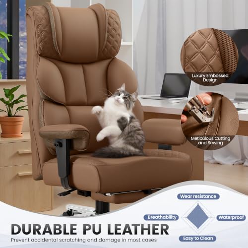 Image of BestGlory Office Desk Chair, Big and Tall Leather Gaming Chair with Footrest, Ergonomic Comfy Executive High-Back Reclining Computer Chairs, Wide Swivel Rolling Wheels and Padded Lumbar Support, Khaki