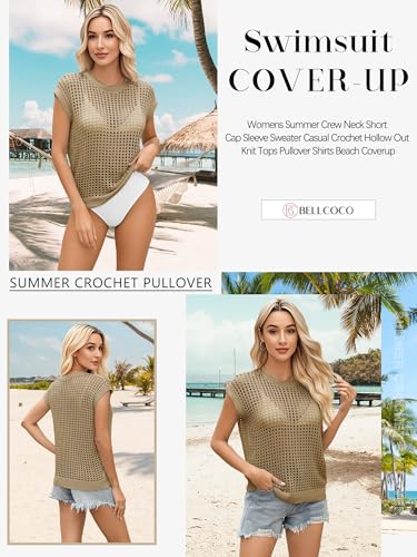 Image of Womens Summer Crochet Tops Hollow Out Cap Sleeve Cover Up Tank Top Pullover Sweater Vest Beach Vacation Clothes