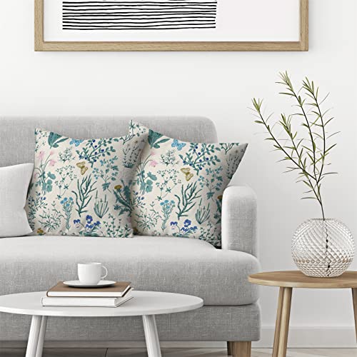 Image of AEIOAE Spring Pillow Covers 18x18 Inch Set of 2,Blue Teal Wild Flower Plant Throw Pillows Case,Seasonal Floral Outdoor Decorative Square Linen Farmhouse Decor Cushion Covers for Home Sofa Bed Couch