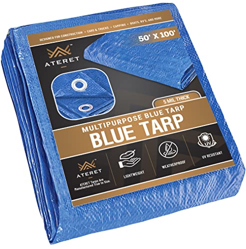 ATERET Tarp Blue Cover 50 x 100 Feet I Waterproof Plastic Poly I Tarpaulin with Metal Grommets I Great Idea Use for Roof, Camping, Patio, Canopy, Boat, Tent & Camping (50' x 100')