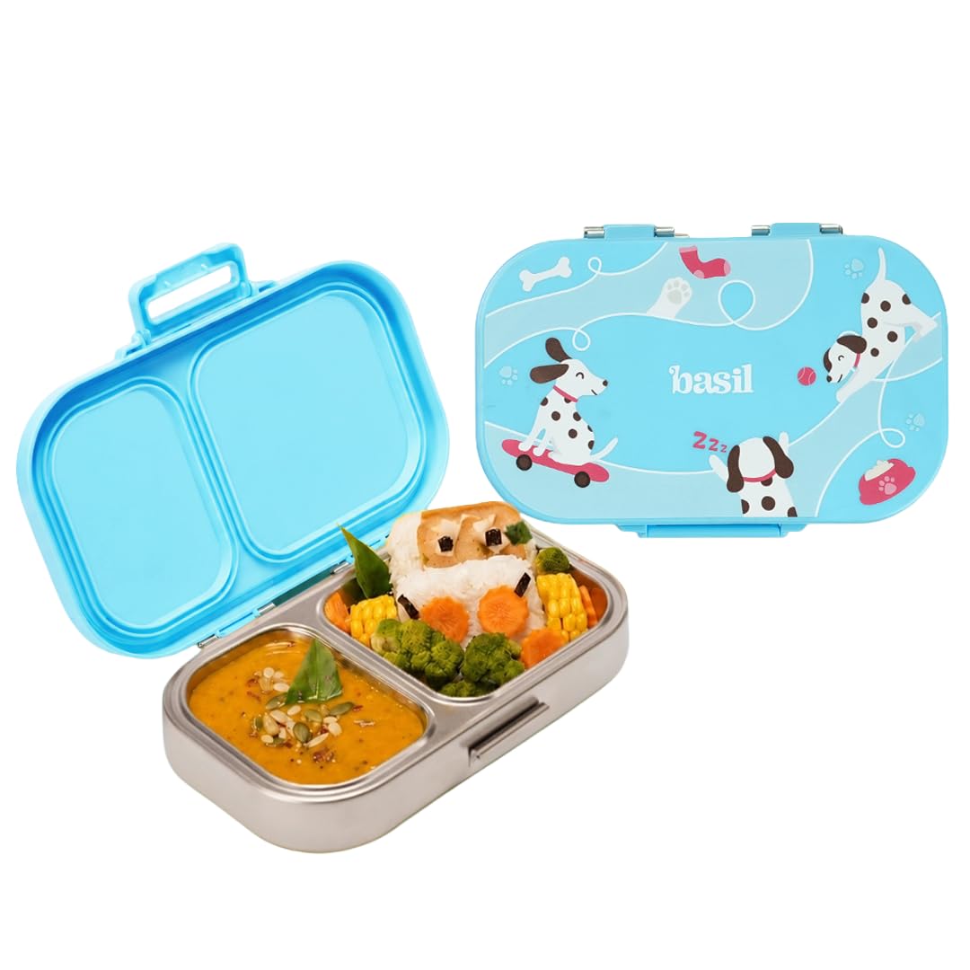 Basil Bento Ace 2C Stainless Steel Lunch Box for Kids | 2 Compartment Leakproof Tiffin Box for Kids, Teens & Adults | BPA-Free, Easy-to-Open School Lunch Box | Wiggly Woof