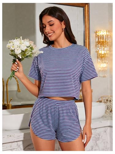 Image of OYOANGLE Womens Pajama Sets 2 Piece Sexy Lounge Sets Summer Cute Pjs Striped Print Tee and Side Split Shorts Set