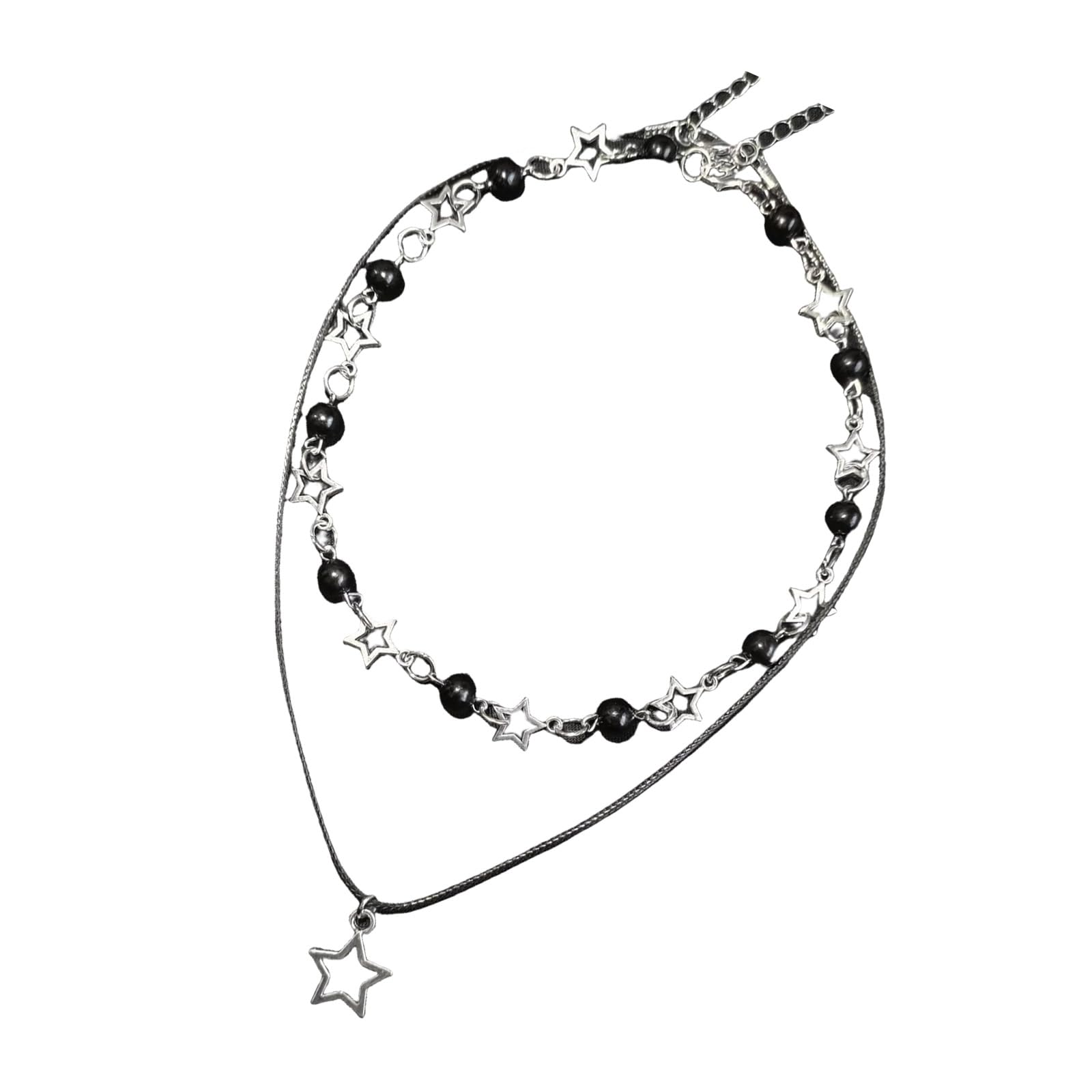 YUOIUX Double Layered Neckchain Black Bead Star Charm Necklace Adjustable PU Leather Rope Choker Accessory for Women and Girls