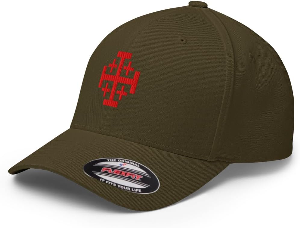 FX Crusader Cross Fitted Hat Embroidered Curved Bill Mid Crown Closed-Back Structured Templar Jerusalem Cross Hat