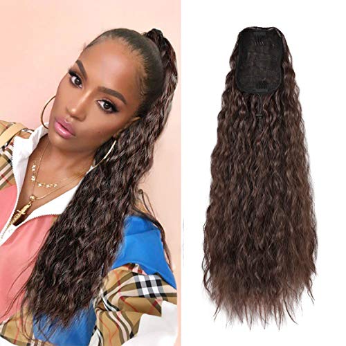 Sidaila 18 Inch Long Curly Drawstring Ponytail Hair Extensions Synthetic Corn Wave Ponytail Hairpieces for Black Women (Darkest Brown & Dark Auburn Mixed )