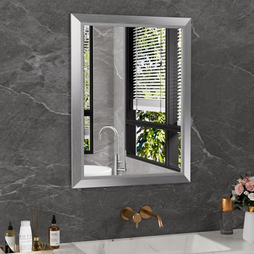 Amorho 24x32 Inch Bathroom Mirror Silver, Thick Metal Framed Wall Mirrors for Over Sink, Brushed Nickel Mirror Perfect for Bedroom, Living Room, Entryway, Rectangle (Horizontal/Vertical).