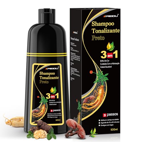 Shampoo Tonalizante Preto 3 em 1 para Cabelos Grisalhos, Shampoo que Pinta o Cabelo para Mulheres e Homens, Tinta de Cabelo com Extratos Vegetais, Cobertura de Fios Brancos até 15 Dias, 500ml