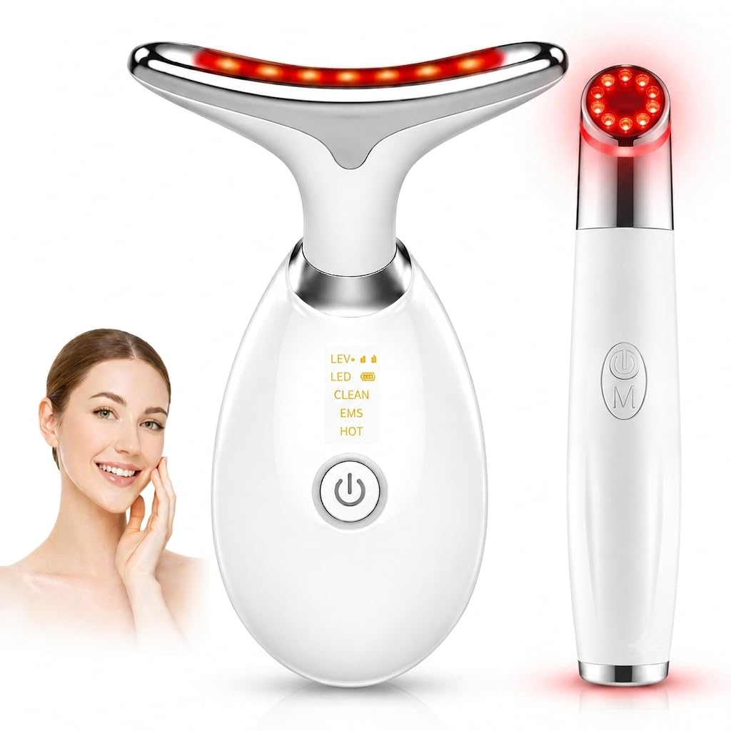 Appareil Anti Rides Visage & Cou EMS 7 LED + Masseur Oculaire Inclus – Lifting Visage, Double Menton, Poches & Cernes – 3 Modes EMS et Chaleur 45°C