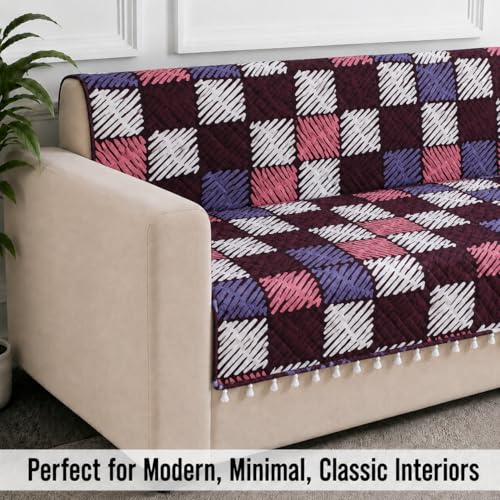Image of STITCHNEST 'Frostvine Collection' 2 Seater Sofa Cover - Full Coverage| Cotton Quilted Fabric, Decorative Tassels, Washable & Durable for Modern Living
