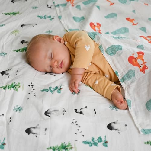 Image of POMISO Muslin Swaddle Blankets for Boys & Girls, Newborn Receiving Blankets, Soft Breathable Baby Swaddles, Large 47x47 Inches, Fox & Penguin