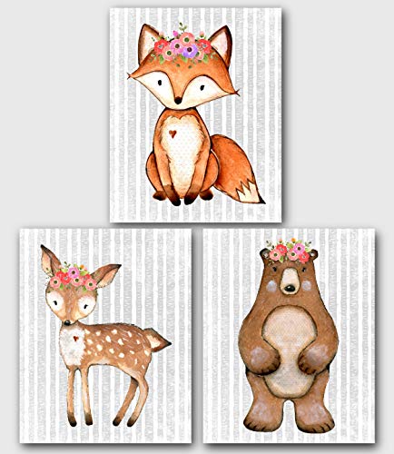 Woodland Animals Nursery Prints, Set Of 3, Fox, Deer, Bear, Flower Art ...