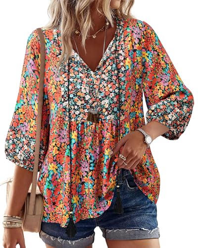 Image of Vivilli Womens Summer Boho Babydoll Tops 3 /4 Sleeve Pleated Peplum Blouses Casual V Neck Tie Front 2026 Tunic Tops
