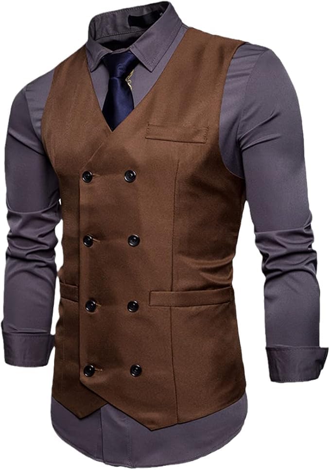 Mens Slim Fit Double Breasted Vest Waistcoat Casual Business Formal Suit Dress Vest Party Wedding V Neck Vests