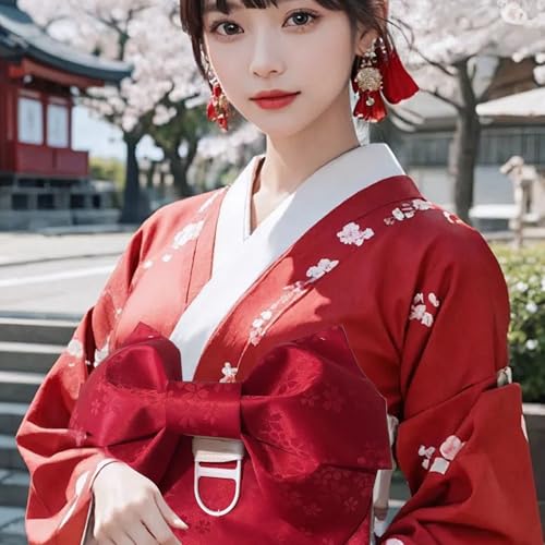 Kimono Belt 55x7'' Japanese Traditional Obi Belt Jacquard Weave Bow Pre-Tied Obi Belts for Women, Red, Bow Belt3