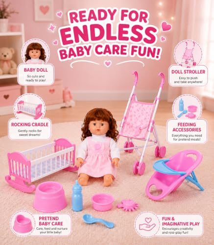 Image of Baby Doll Care Set for Girls with Doll Stroller, Rocking Cradle, Feeding Chair, Baby Bottle, Potty & Accessories | Pretend Play Toy Set for Kids Age 3+